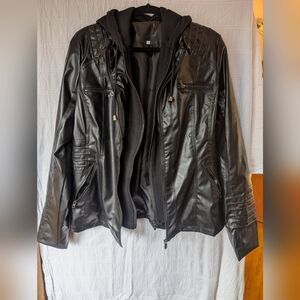Black Faux Leather Jacket with Hoodie